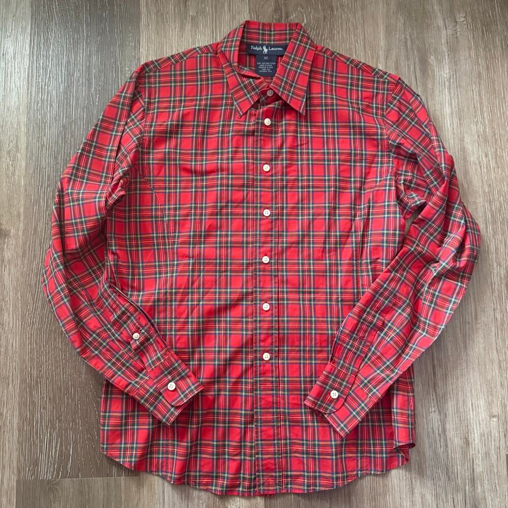 VTG Ralph Lauren Men Long Sleeve Button Up Shirt Woven Plaid Red blue Sz 12 Pony